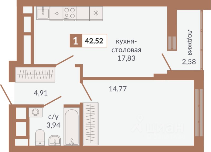 1-к кв. Свердловская область, Екатеринбург пер. Старателей (42.52 м²)