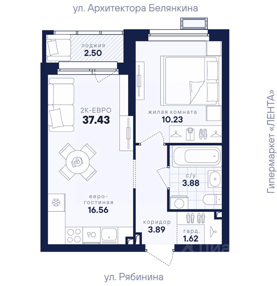 1-к кв. Свердловская область, Екатеринбург ул. Рябинина, 42 (37.43 м²)