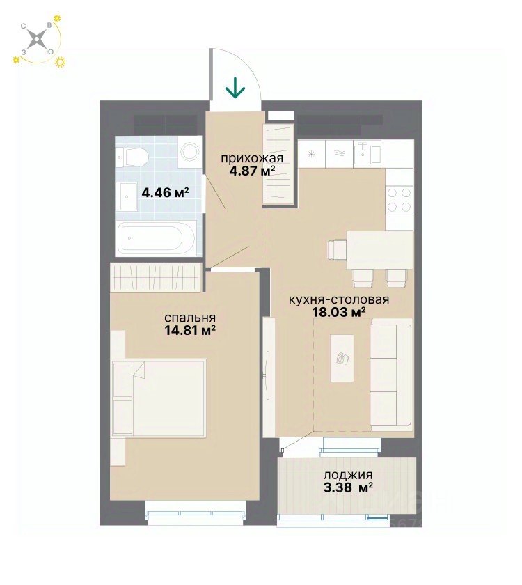1-к кв. Свердловская область, Екатеринбург ул. Вилонова (45.55 м²)