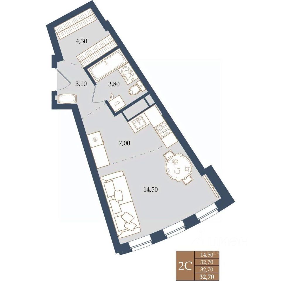 Студия Свердловская область, Екатеринбург ул. Щербакова, 20 (32.7 м²)