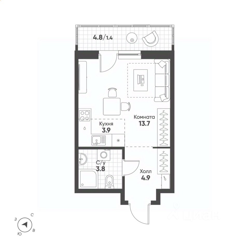 Студия Свердловская область, Екатеринбург Солнечный жилрайон, (27.7 м²)