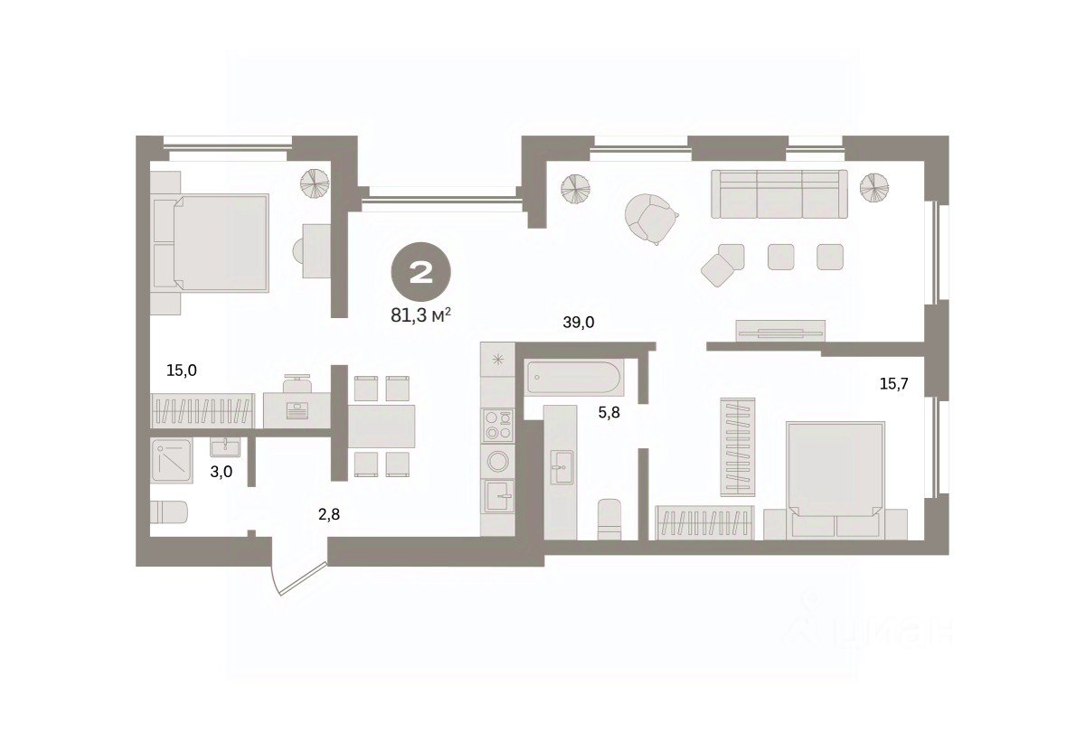 2-к кв. Свердловская область, Екатеринбург ул. Шаумяна, 20 (81.3 м²)