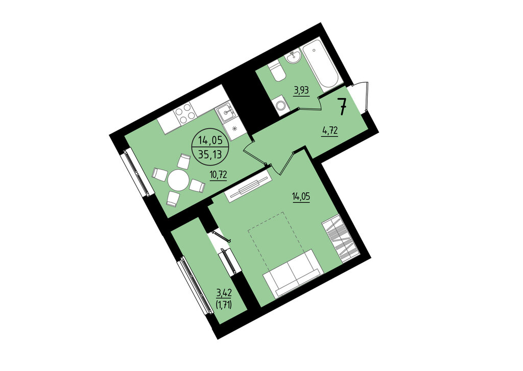 1-комнатная квартира: Екатеринбург, площадь Жуковского, 8 (35.13 м²)