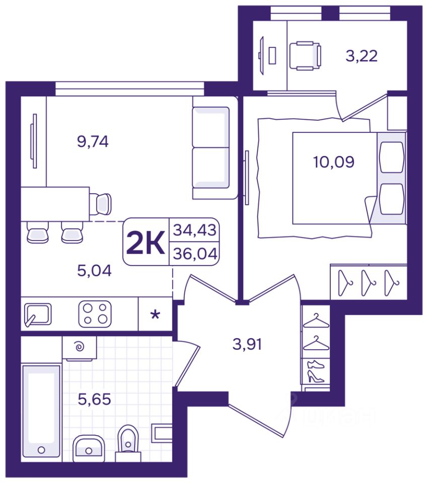 2-к кв. Свердловская область, Екатеринбург пер. Проходной, 1Б (36.04 м²)