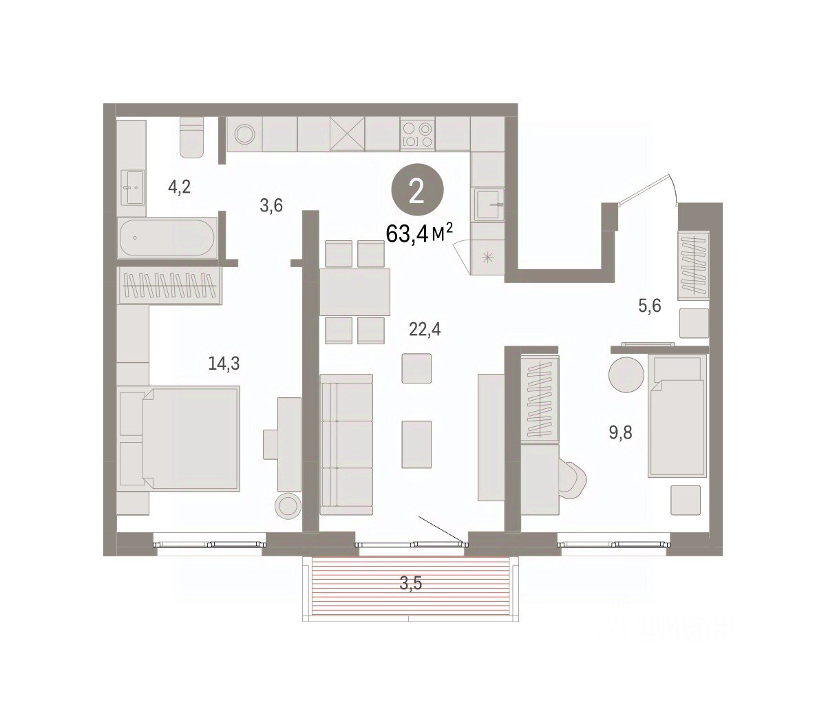 2-к кв. Свердловская область, Екатеринбург пер. Торфяной, 10 (63.4 м²)