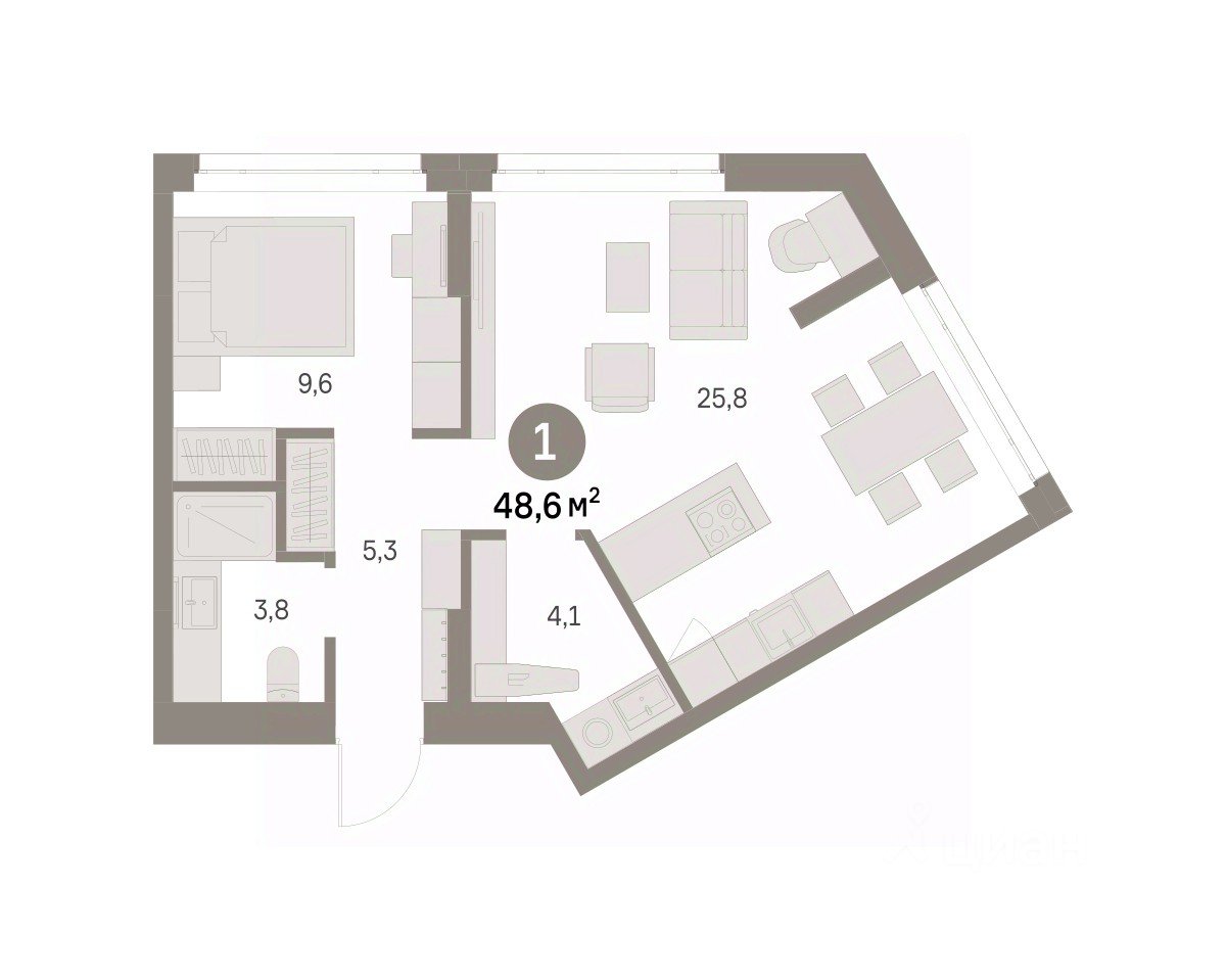 1-к кв. Свердловская область, Екатеринбург Академический мкр, 19-й кв-л, Брусника в Академическом жилой комплекс (48.58 м²)