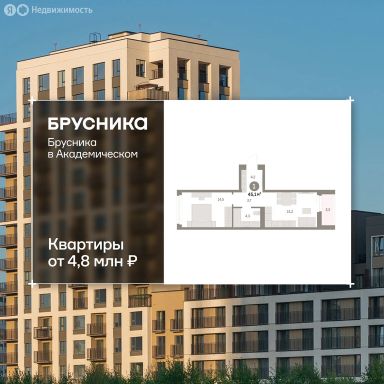 1-комнатная квартира: Екатеринбург, микрорайон Академический, 19-й квартал, ЖК Брусника в Академическом (44.93 м²)