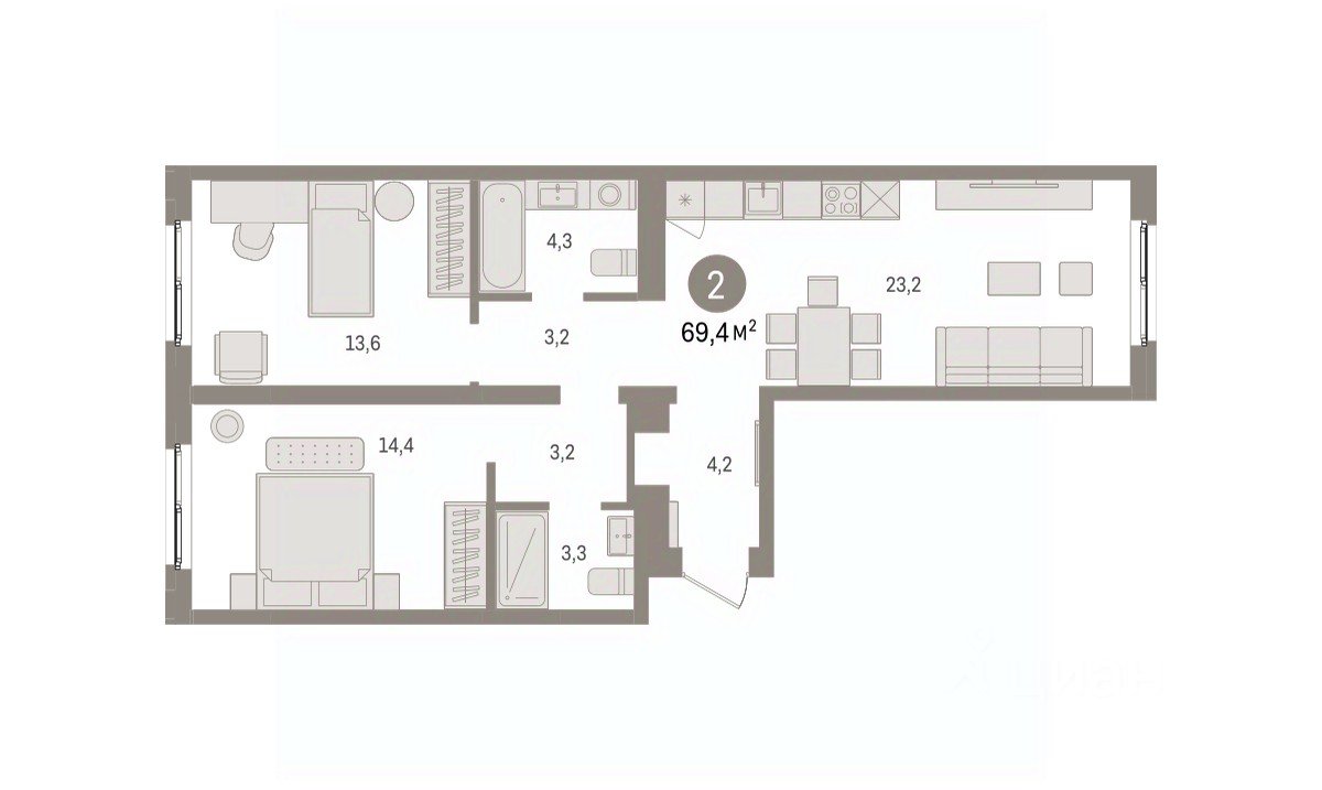 2-к кв. Свердловская область, Екатеринбург пер. Торфяной, 10 (69.4 м²)