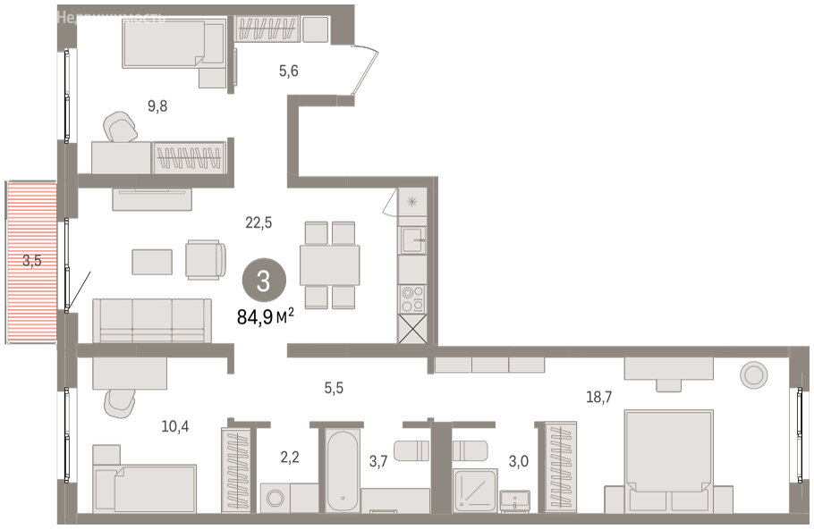 3-комнатная квартира: Екатеринбург, Торфяной переулок, 10 (84.9 м²)