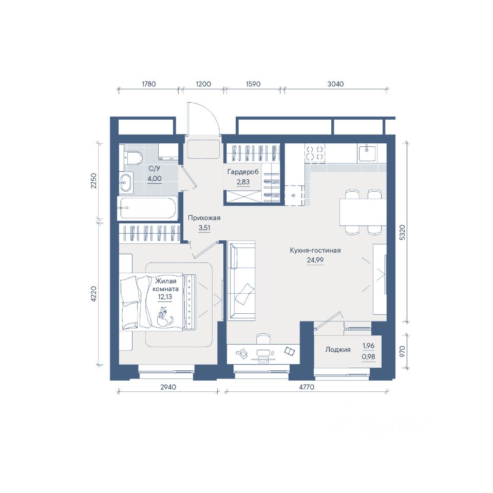 1-к кв. Свердловская область, Екатеринбург Уралмаш жилрайон, Графит жилой комплекс (48.44 м²)