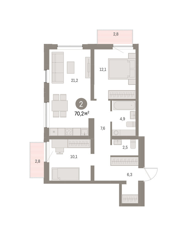2-комнатная квартира: Екатеринбург, улица Гастелло, 18 (70.16 м²)