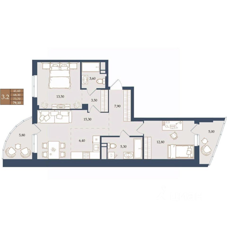 2-к кв. Свердловская область, Екатеринбург ул. Щербакова, 20 (73.7 м²)