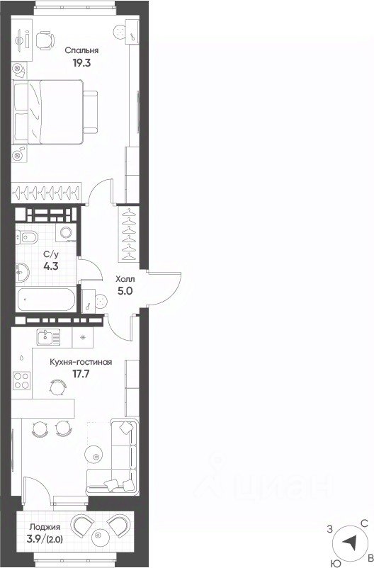 1-к кв. Свердловская область, Екатеринбург Солнечный жилрайон, (47.8 м²)