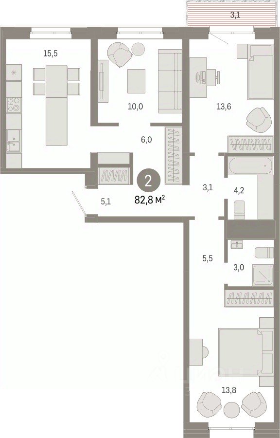 2-к кв. Свердловская область, Екатеринбург ул. Шаумяна, 20 (82.8 м²)