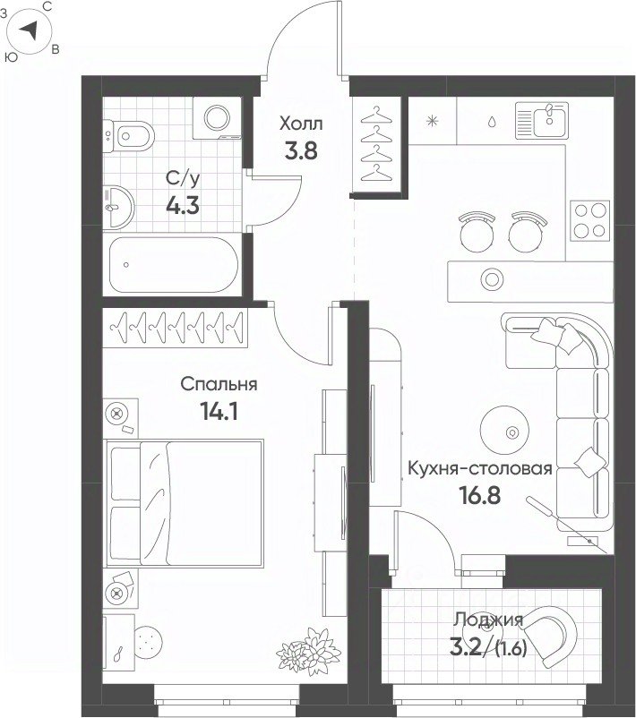 1-к кв. Свердловская область, Екатеринбург Солнечный жилрайон,  (40.6 м²)