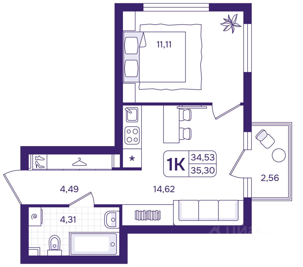 1-к кв. Свердловская область, Екатеринбург пер. Проходной, 1Б (35.3 м²)