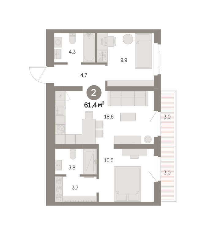 2-комнатная квартира: Екатеринбург, Благодатская улица, 15 (61.42 м²)