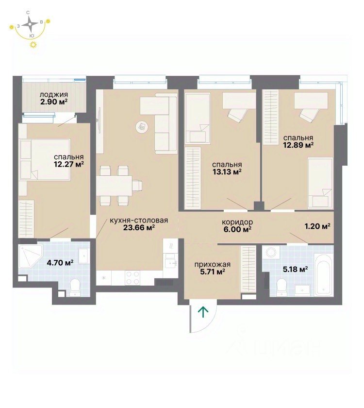3-к кв. Свердловская область, Екатеринбург ул. Вилонова (87.64 м²)