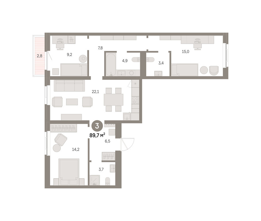 3-комнатная квартира: Екатеринбург, Благодатская улица, 15 (89.65 м²)