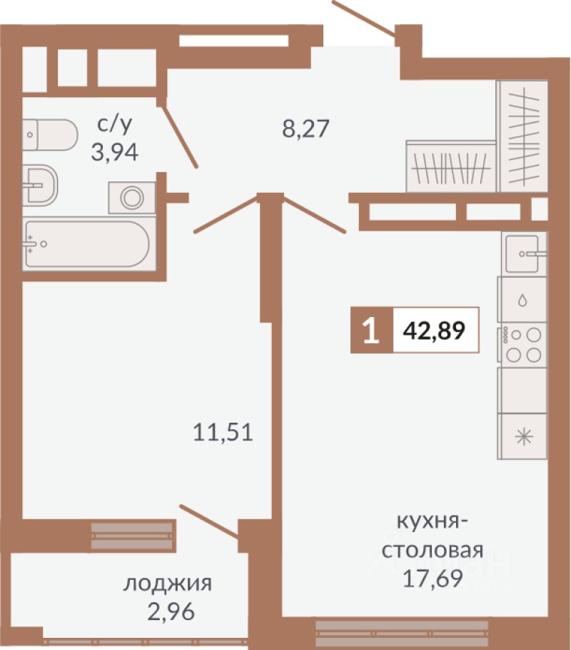 1-к кв. Свердловская область, Екатеринбург пер. Старателей (42.89 м²)