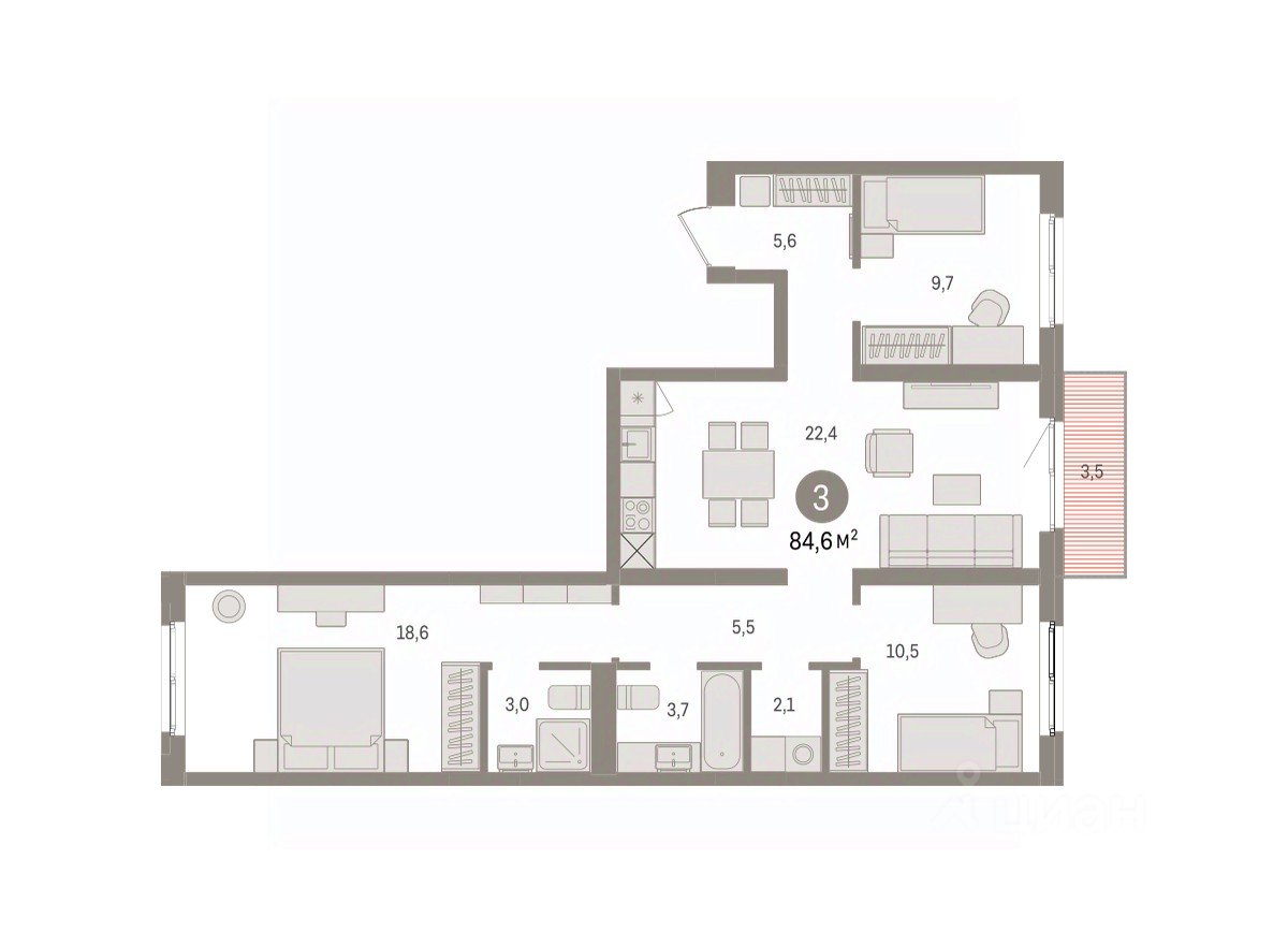 3-к кв. Свердловская область, Екатеринбург пер. Торфяной, 10 (84.6 м²)