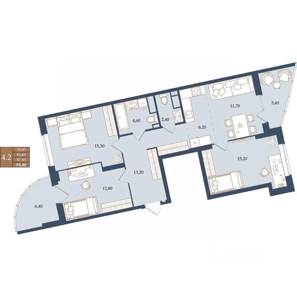 3-к кв. Свердловская область, Екатеринбург ул. Щербакова, 20 (87.4 м²)