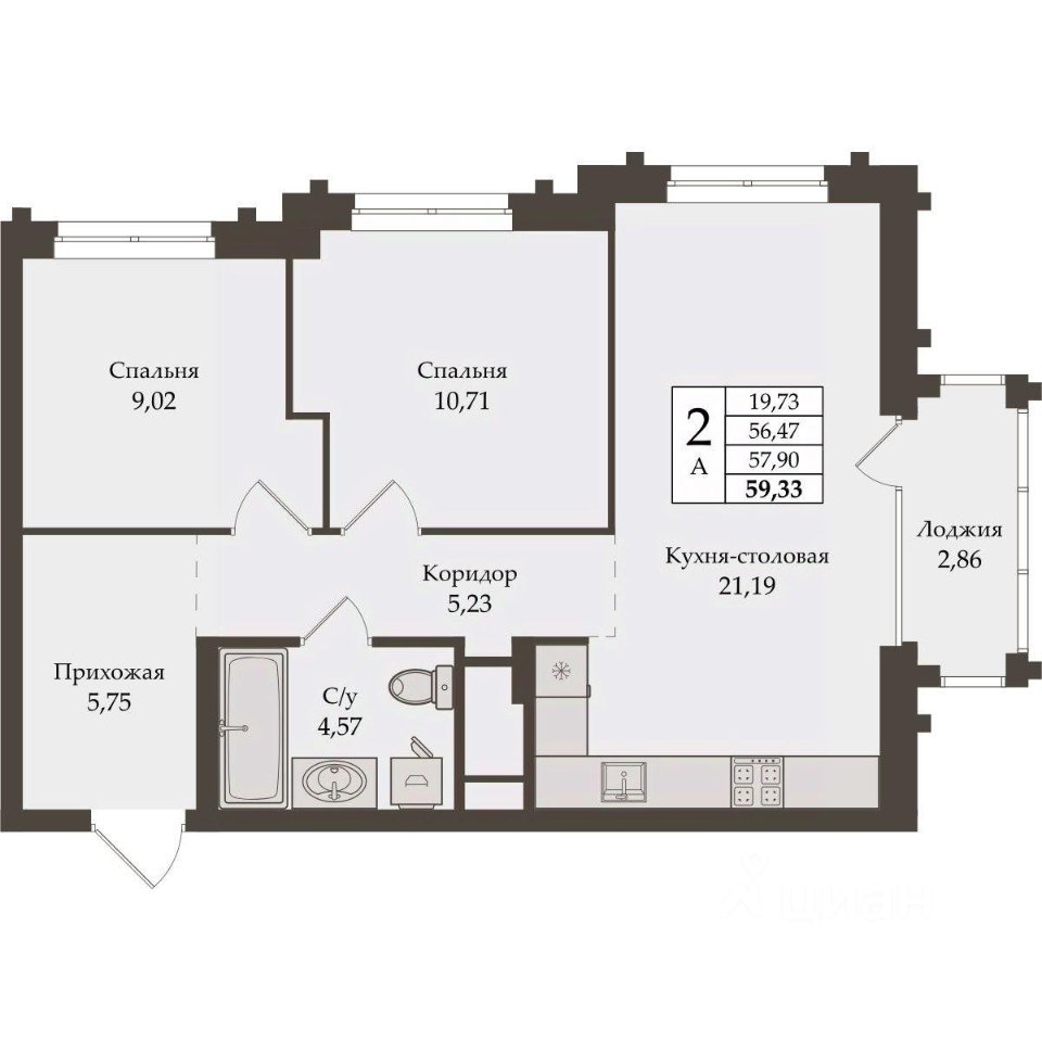 2-к кв. Свердловская область, Екатеринбург ул. Репина, 64 (57.9 м²)