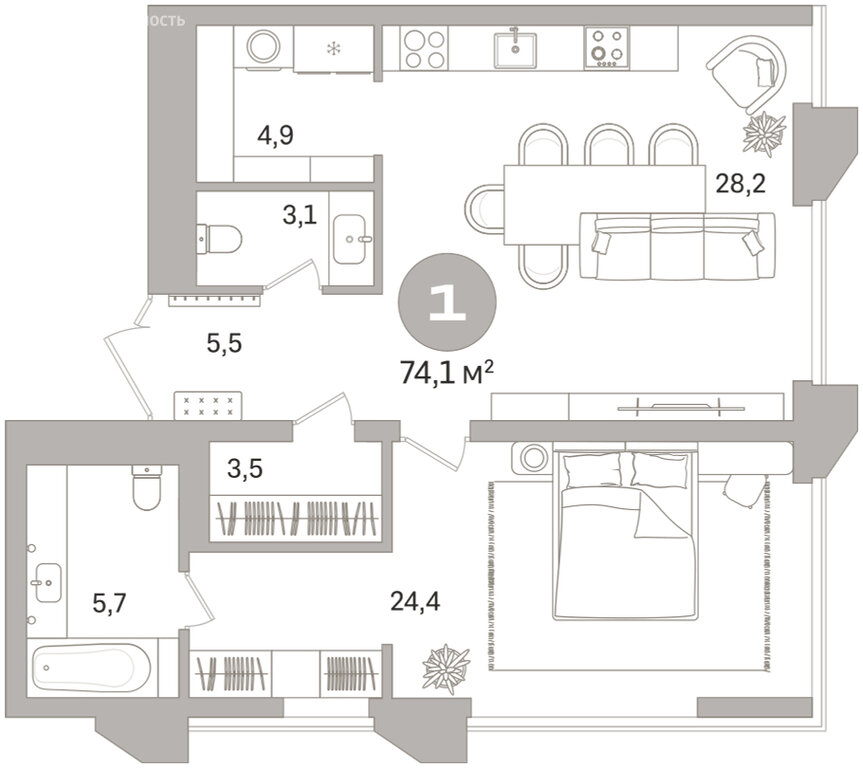 Квартира-студия: Екатеринбург, улица Гоголя, 21 (74.06 м²)