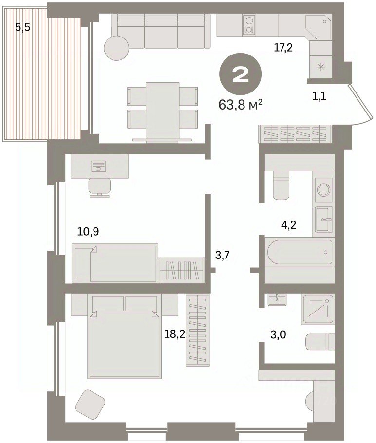 2-к кв. Свердловская область, Екатеринбург ул. Шаумяна, 20 (63.8 м²)