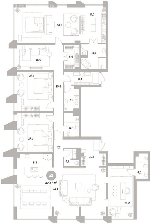 4-комнатная квартира: Екатеринбург, улица Гоголя, 21 (320.49 м²)