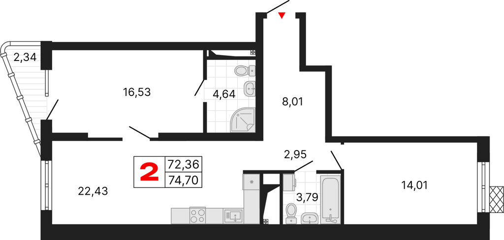 2-комнатная квартира: Екатеринбург, жилой район Втузгородок, ЖК Алиса (74.7 м²)