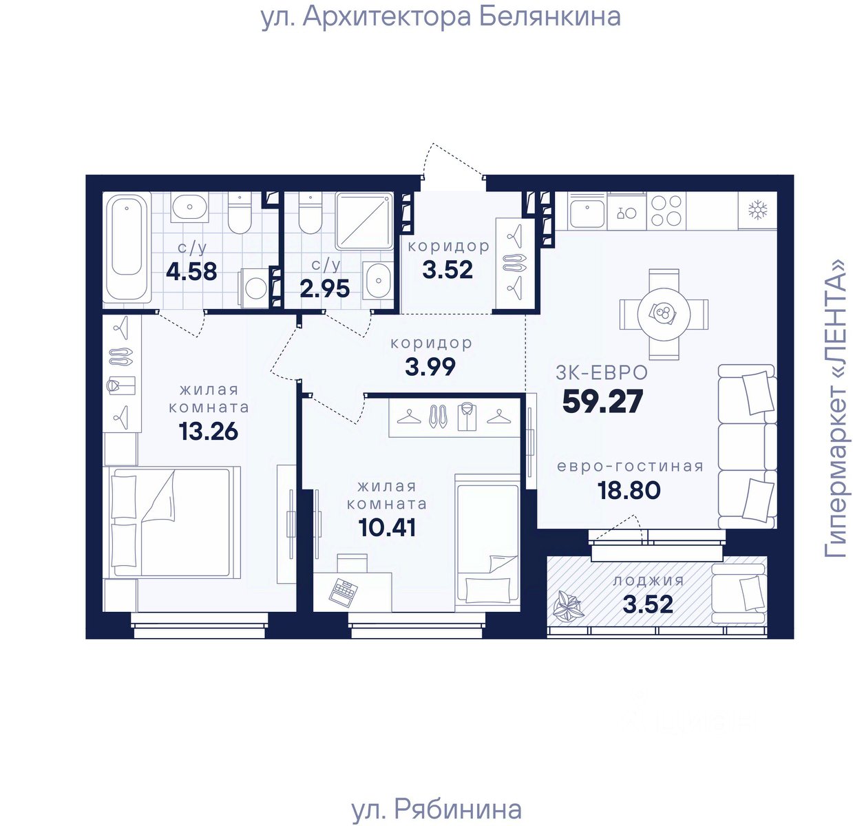 2-к кв. Свердловская область, Екатеринбург ул. Рябинина, 42 (59.27 м²)