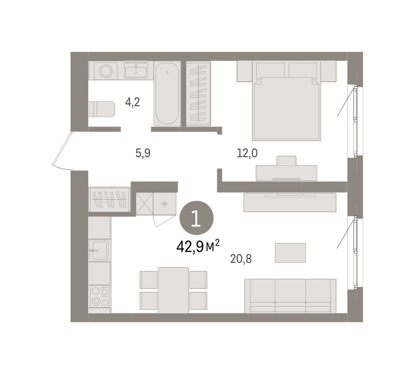 1-комнатная квартира: Екатеринбург, Торфяной переулок, 10 (42.9 м²)
