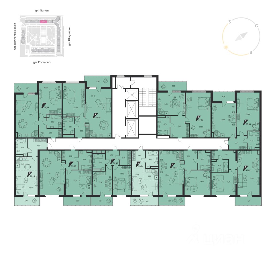 1-к кв. Свердловская область, Екатеринбург ул. Громова, 26/3 (51.1 м²)