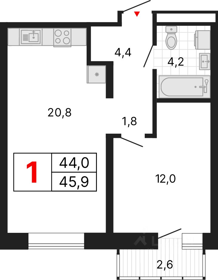 1-к кв. Свердловская область, Екатеринбург ул. Обувщиков (45.87 м²)