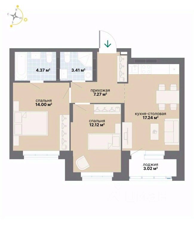 2-к кв. Свердловская область, Екатеринбург ул. Циолковского (61.43 м²)