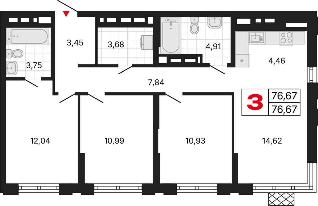 3-комнатная квартира: Екатеринбург, улица Советских Женщин (76.67 м²)