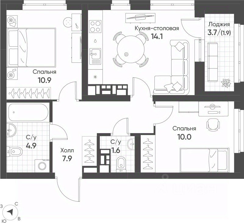 2-к кв. Свердловская область, Екатеринбург Солнечный жилрайон,  (51.3 м²)