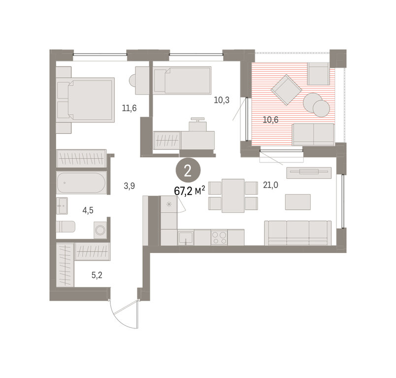 2-комнатная квартира: Екатеринбург, улица Гастелло, 18 (67.16 м²)
