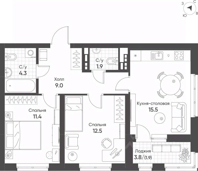 2-к кв. Свердловская область, Екатеринбург Солнечный жилрайон,  (56.5 м²)