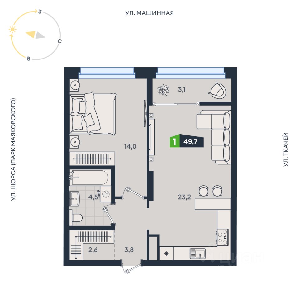 1-к кв. Свердловская область, Екатеринбург ул. Машинная, 1в/2 (49.7 м²)