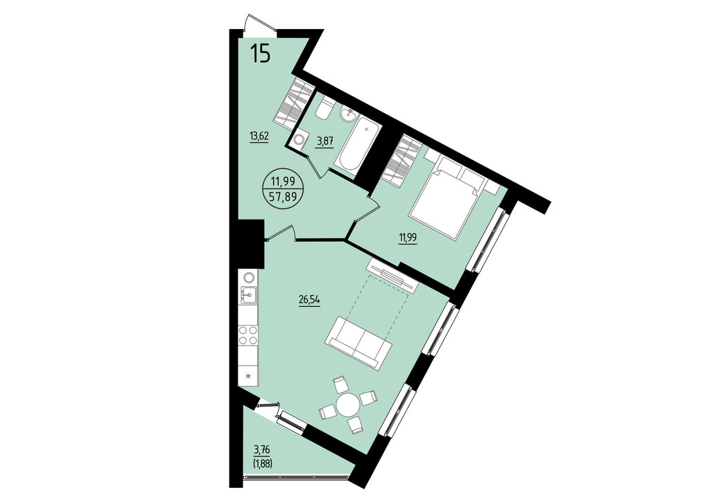 1-комнатная квартира: Екатеринбург, площадь Жуковского, 8 (57.89 м²)