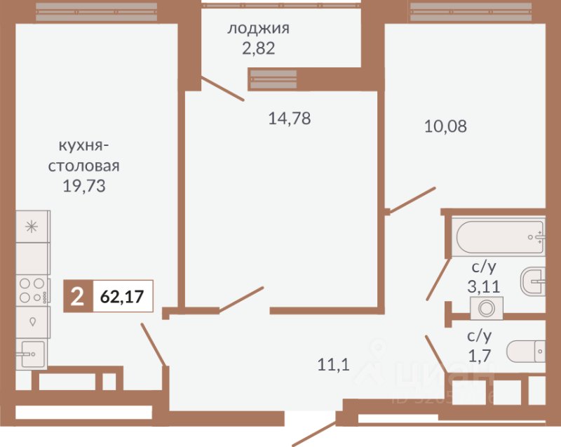 2-к кв. Свердловская область, Екатеринбург пер. Старателей (62.17 м²)