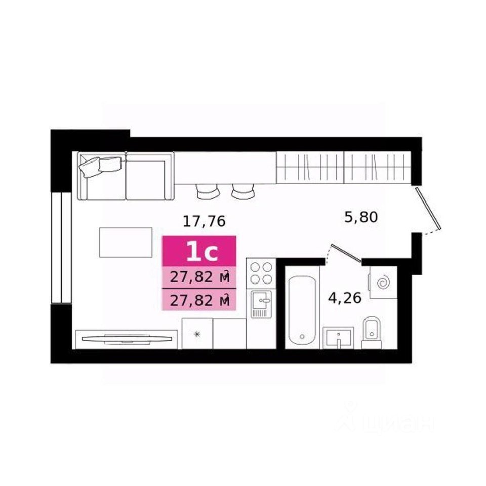 Студия Свердловская область, Екатеринбург ул. Монтерская (27.82 м²)