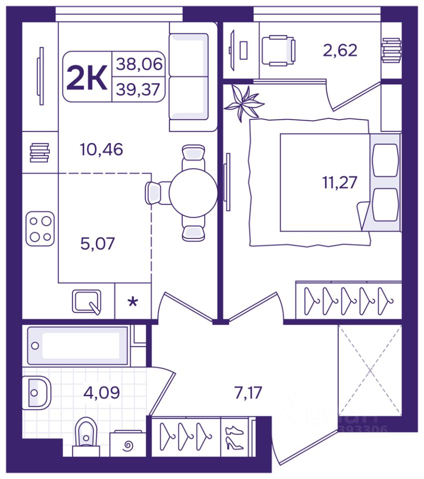 2-к кв. Свердловская область, Екатеринбург пер. Проходной, 1Б (39.37 м²)