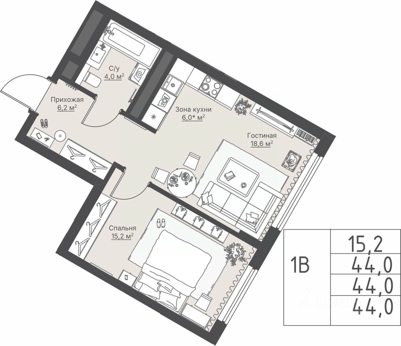 1-к кв. Свердловская область, Екатеринбург Никольский жилой комплекс (44.0 м²)