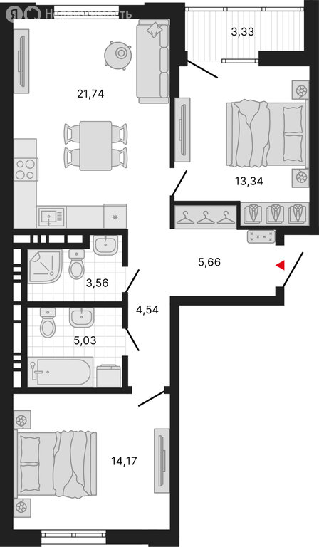2-комнатная квартира: Екатеринбург, Депутатская улица (71.37 м²)