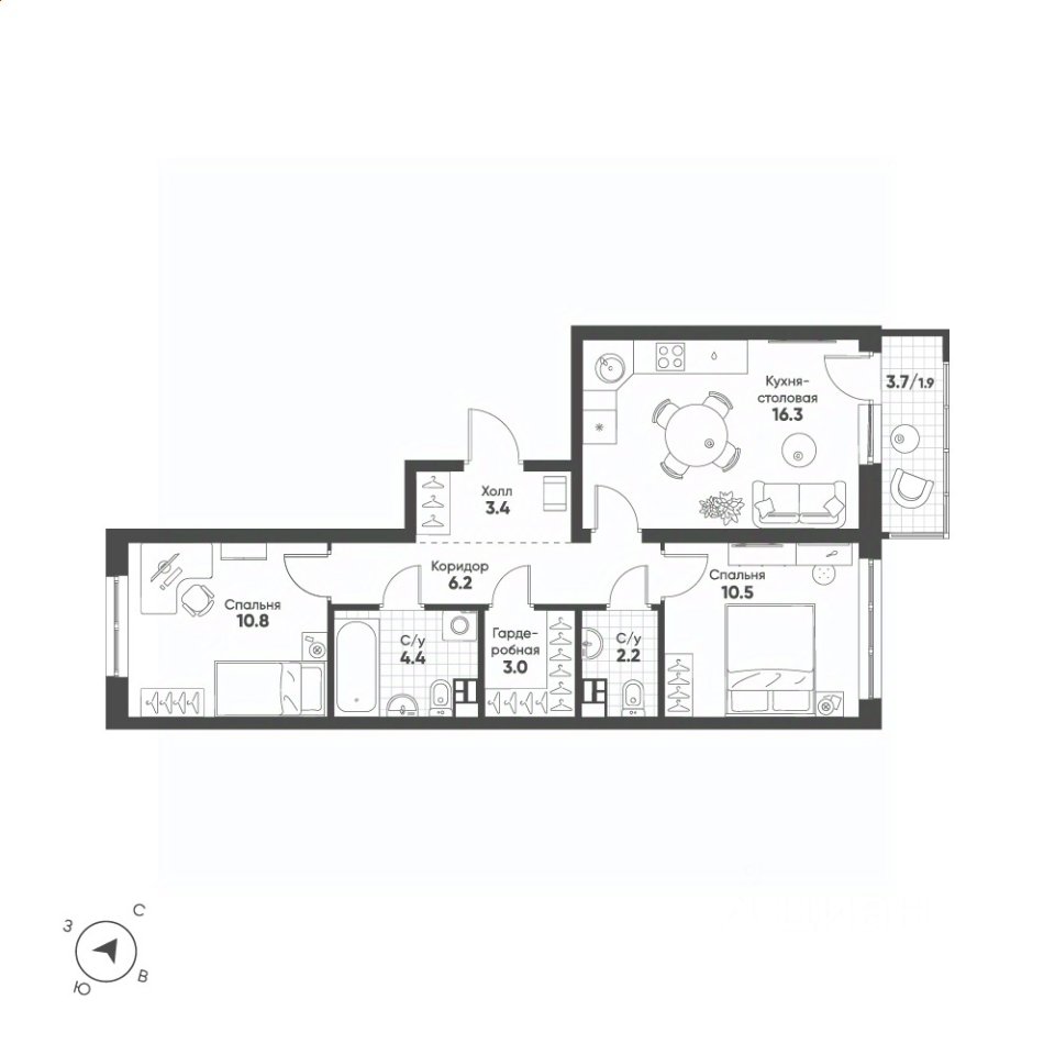 2-к кв. Свердловская область, Екатеринбург Солнечный жилрайон, (58.7 м²)