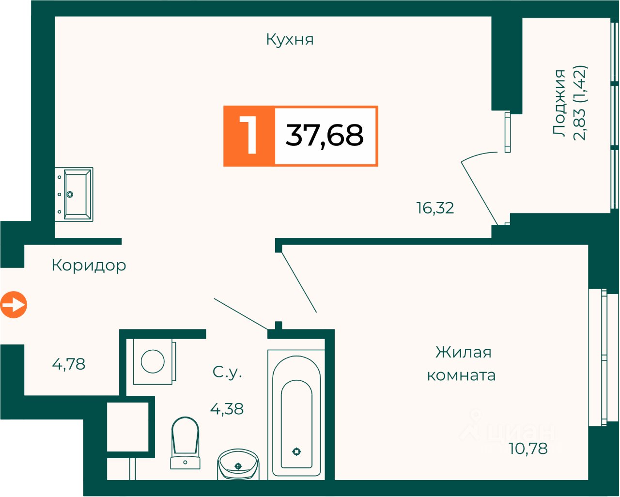 1-к кв. Свердловская область, Екатеринбург ВИЗ жилрайон,  (37.68 м²)