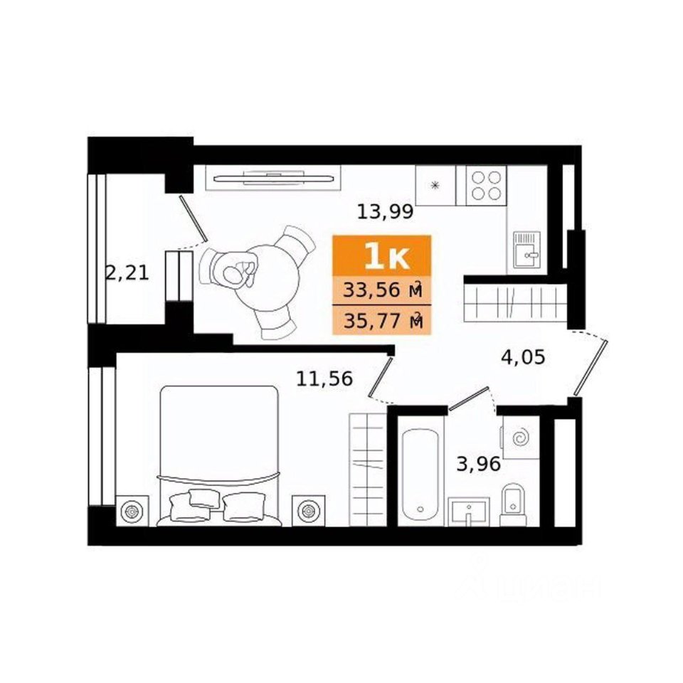 1-к кв. Свердловская область, Екатеринбург ул. Монтерская (35.77 м²)